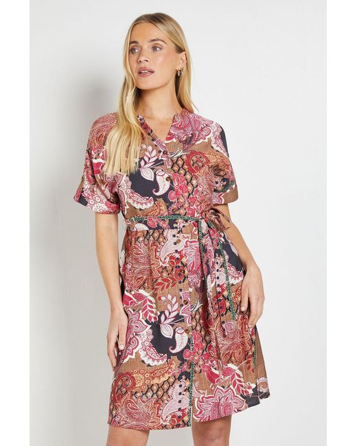 Wallis Red Petite Paisley Roll Sleeve Shift Dress