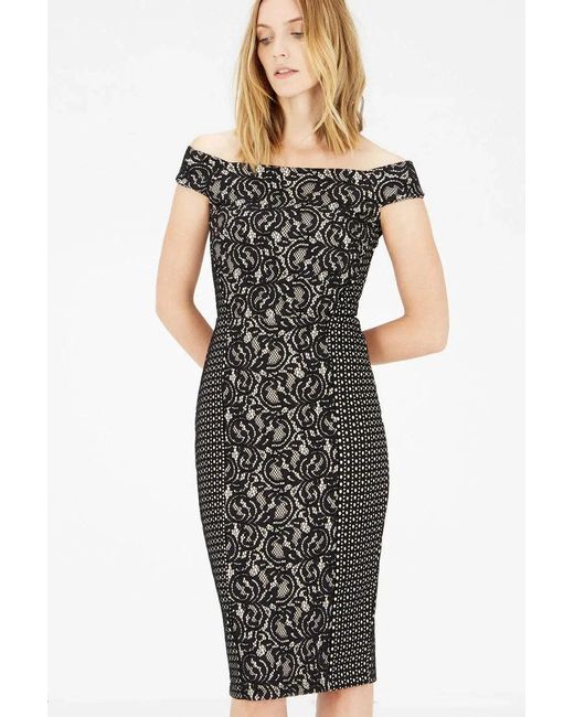 Warehouse Black Bardot Lace Pencil Dress