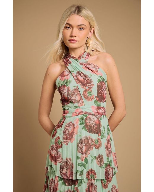 Oasis Natural Halterneck Pleated Tiered Maxi Dress