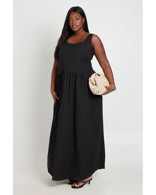 Boohoo Black Plus Cotton Poplin Pleated Maxi Dress