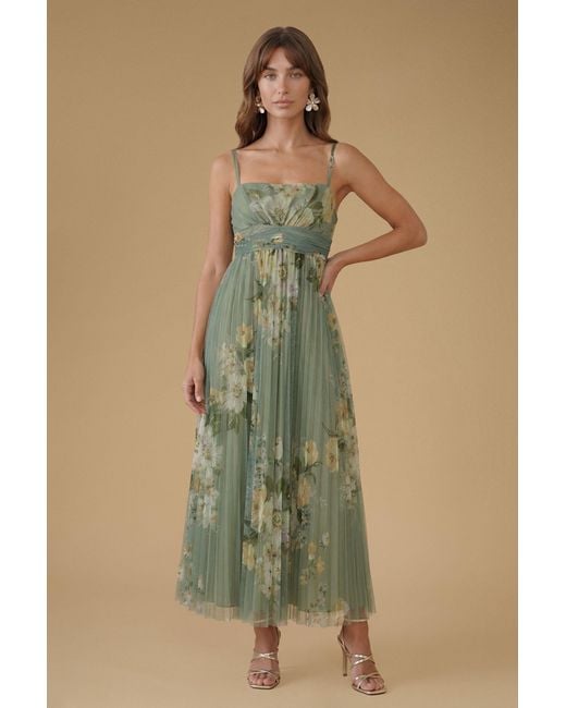 Oasis Green Petite Pleated Mesh Maxi Dress