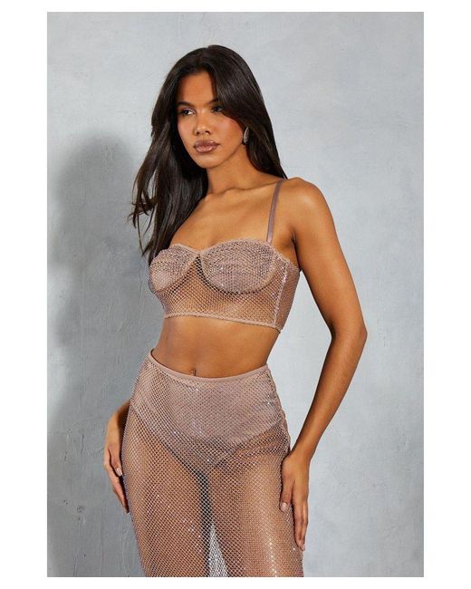 MissPap Gray Diamante Fishnet Ruched Bust Strappy Bralet