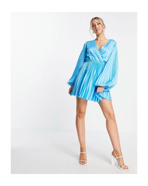 In The Style Blue X Billie Faiers Exclusive Satin Pleated Belt Detail Mini Skater Dress