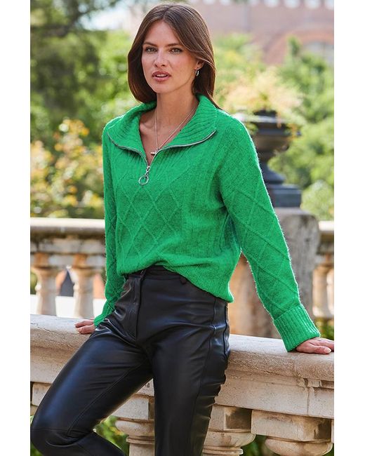 Sosandar Green Jade Half Zip Cable Knit Jumper