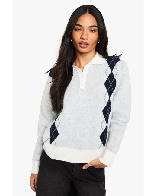 Boohoo White Argyle Soft Knit Button Down Jumper