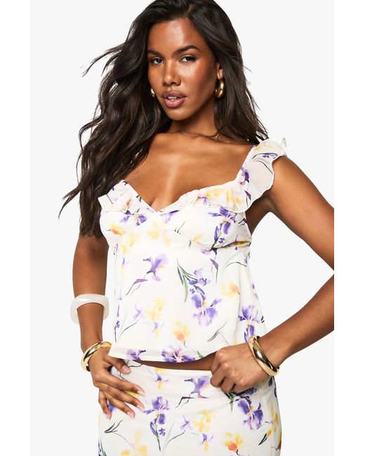 Boohoo White Chiffon Floral Print Ruffle Strap Cami Top
