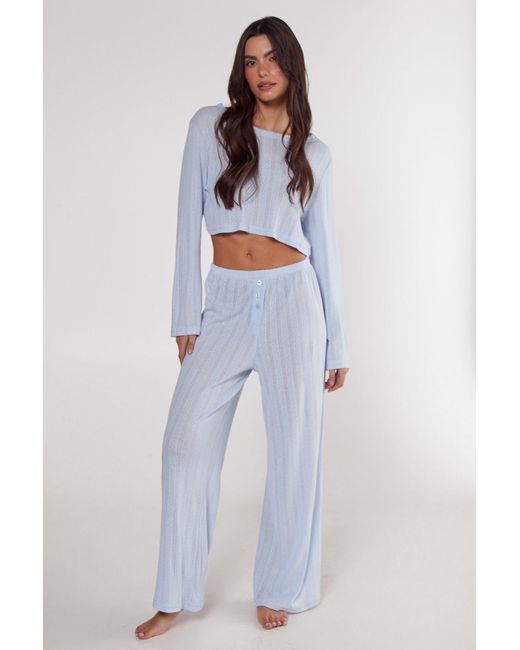 Nasty Gal Blue Pointelle Long Sleeve Cropped Top And Trouser Pajama Set