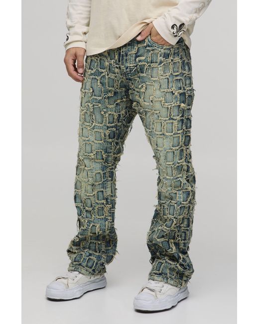 BoohooMAN Green Slim Flared Distressed Washed Jeans for men