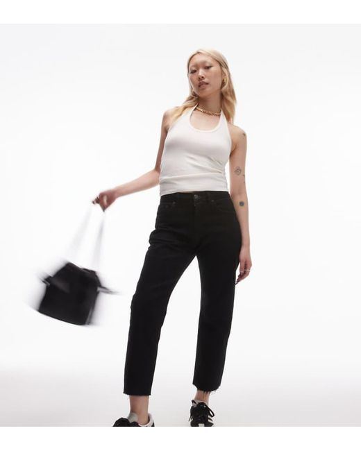 Topshop Unique Black Mid Rise Straight Cropped Jean With Raw Hems