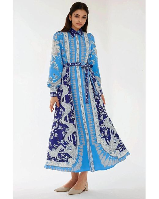 Hiccup Blue Printed Long Sleev Maxi Dress With Belt