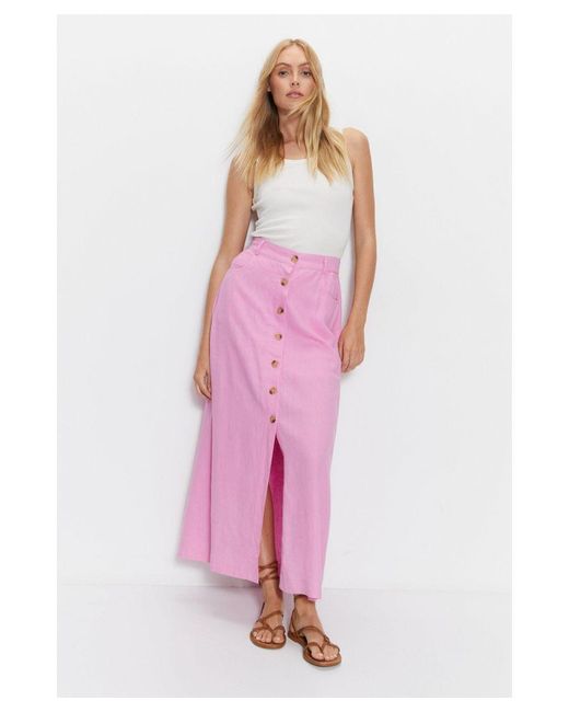 Warehouse Pink Linen Button Detail Midi Skirt