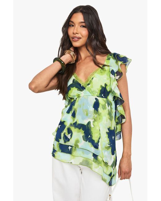 Boohoo Green Floral Chiffon Asymmetric Ruffle Blouse
