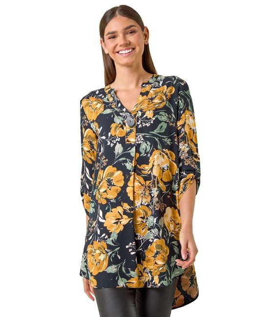 Roman Yellow Floral Print V-Neck Button Detail Tunic Top