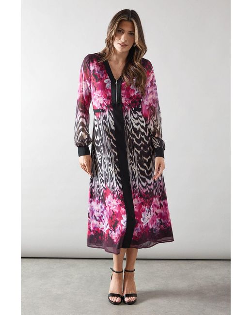 Wallis Pink Zip Front Animal Floral Border Midi Dress