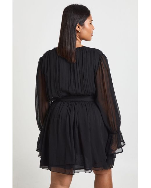 Boohoo Black Plus Chiffon Volume Sleeve Tie Waist Mini Skater Dress