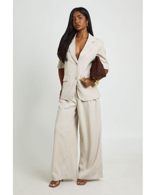 Boohoo Natural Box Pleat Wide Leg Tailored Trousers
