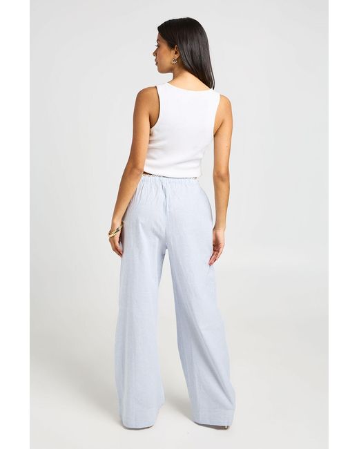 Boohoo Blue Cotton Poplin Striped Lace Trim Wide Leg Trousers