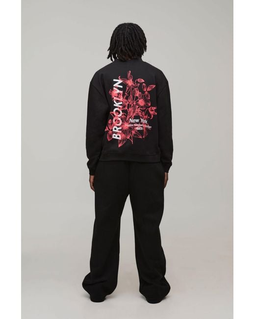 BoohooMAN Black Oversized Boxy Brooklyn Floral Print Extended Neck Sweatshirt Cotton for men