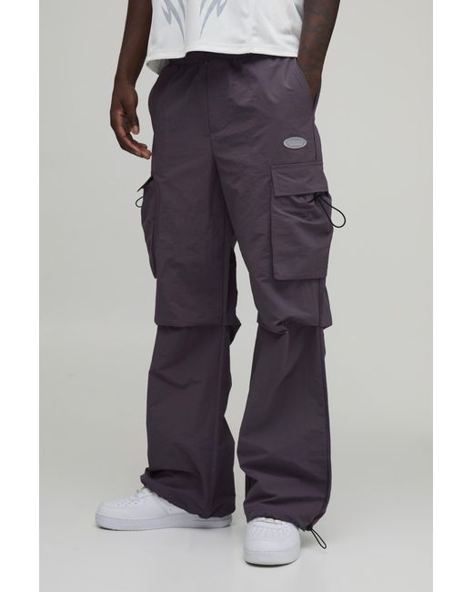 BoohooMAN Blue Ruched Flare Cargo Nylon Trousers for men