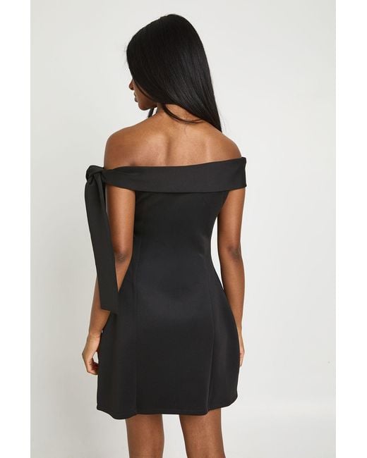 Boohoo Black Bardot Tie Shoulder Detail Skater Dress