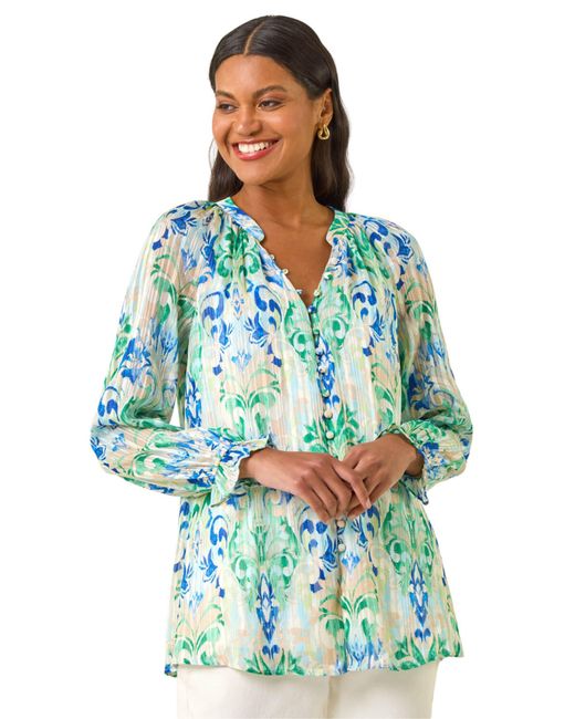 Roman Blue Printed Metallic Button Blouse