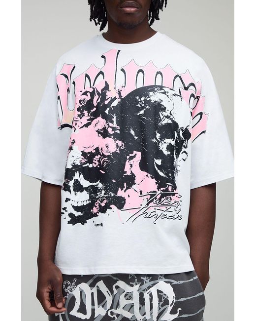 BoohooMAN White Tall Oversized Boxy Heavyweight Skull Large Scale Print T-Shirt for men