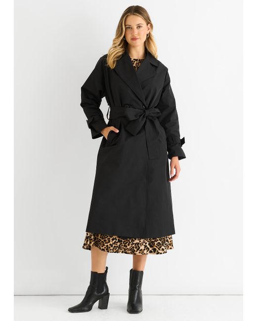 Gini London Black Schwarzer Doppelreihiger Langarm-Trenchcoat Mit Gürtel