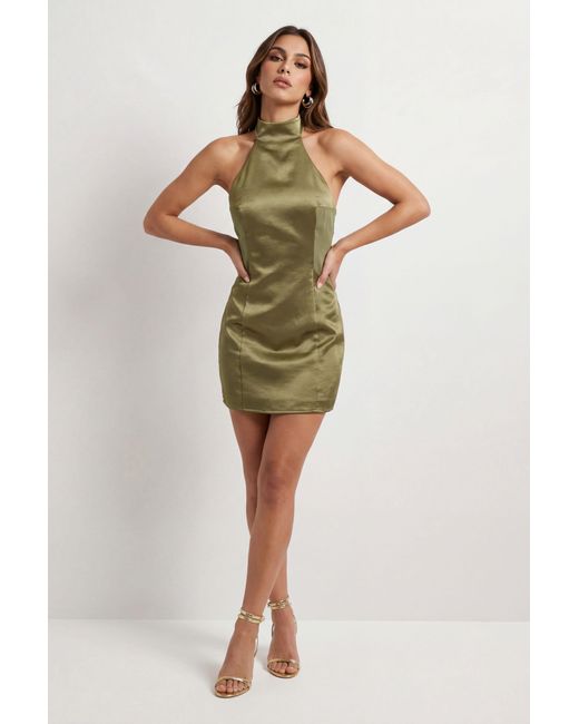 MissPap Green High Neck Halter Panelled Satin Mini Dress