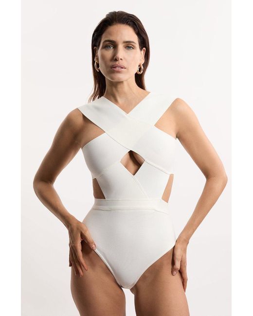 Karen Millen White Bandage Textured Cross Front Swimsuit