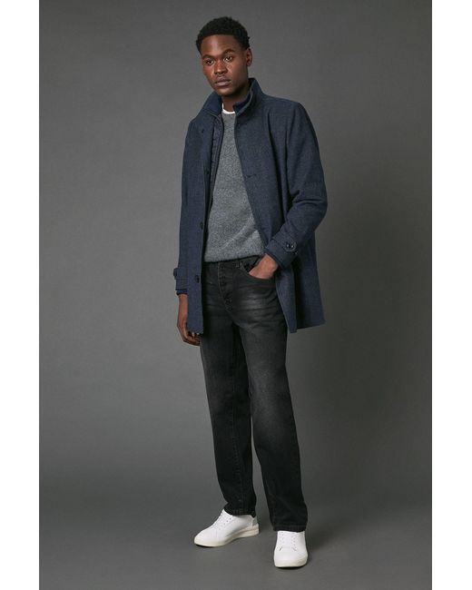 MAINE Blue Wool Blend Funnel Neck Coat With Insert for men
