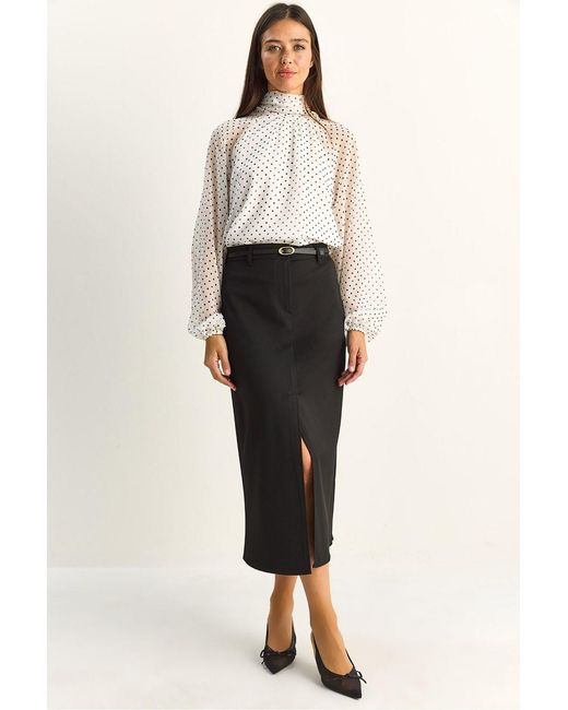Bianco Lucci Natural High-Waist Midi Pencil Skirt With Slit