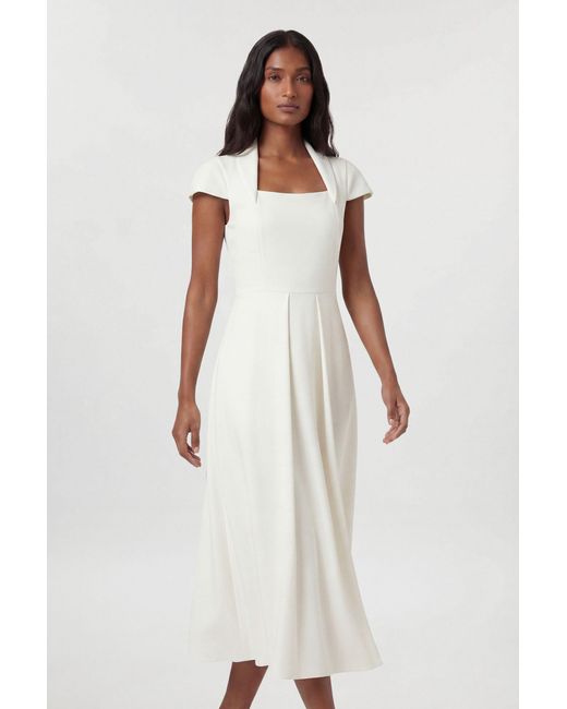 Karen Millen White Compact Stretch Tailored Square Neck Full Skirted Midi Dress
