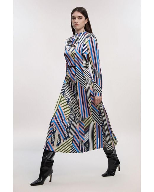 Karen Millen Blue Petite Geo Print Satin Wrap Neck Woven Maxi Dress