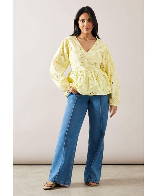 Wallis Yellow Petite Broderie Button Peplum Blouse