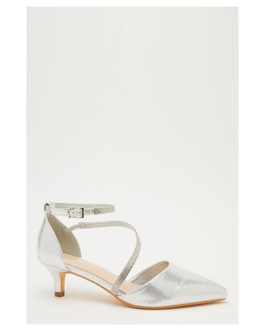 Quiz White Shimmer Asymmetric Strap Court Heels