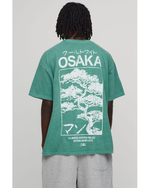 BoohooMAN Green Washed Oversized Osaka Tree Print T-Shirt Cotton for men