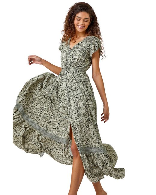 Roman Green Lace Trim Button-Front Maxi Dress