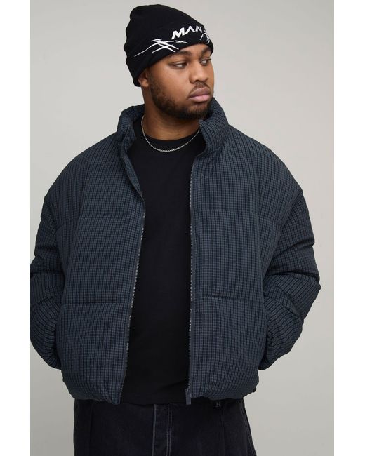 BoohooMAN Blue Plus Oversized Check Ripstop Funnel Neck Puffer Jacket for men