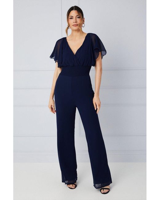 Wallis Blue Shirred Waist Angel Sleeve Jumpsuit