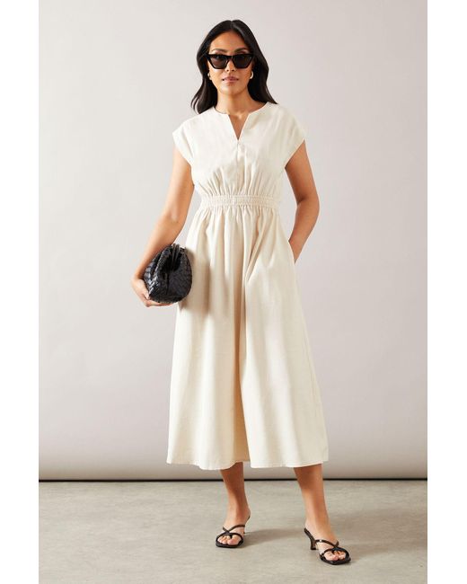 Wallis Natural Petite Textured Viscose Linen Shirred Waist Midi Dress