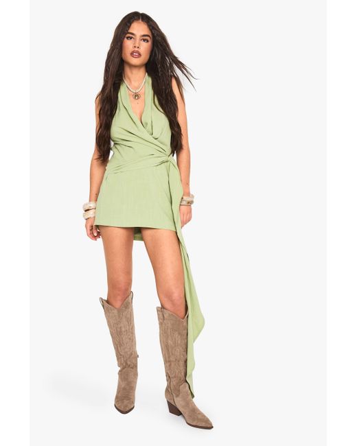 Boohoo Yellow Linen Look Drape Cowl Wrap Mini Dress