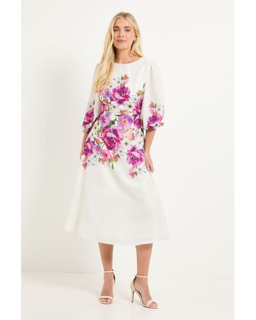 Wallis Pink Petite Floral Balloon Sleeve Midi Dress