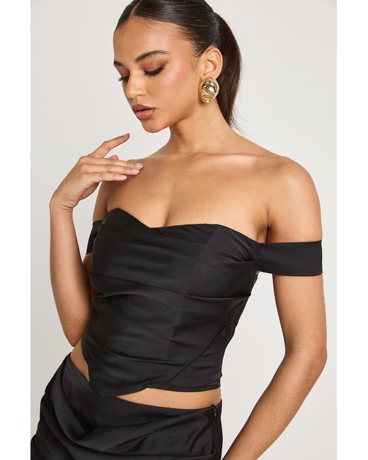 Boohoo Black Satin Bardot Corset Top