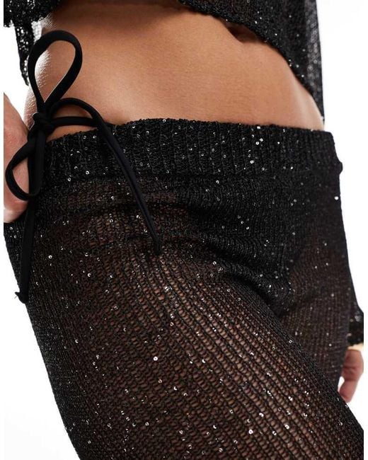 In The Style Black X Perrie Sian Sequin Crochet Wide Leg Beach Trousers Co-Ord