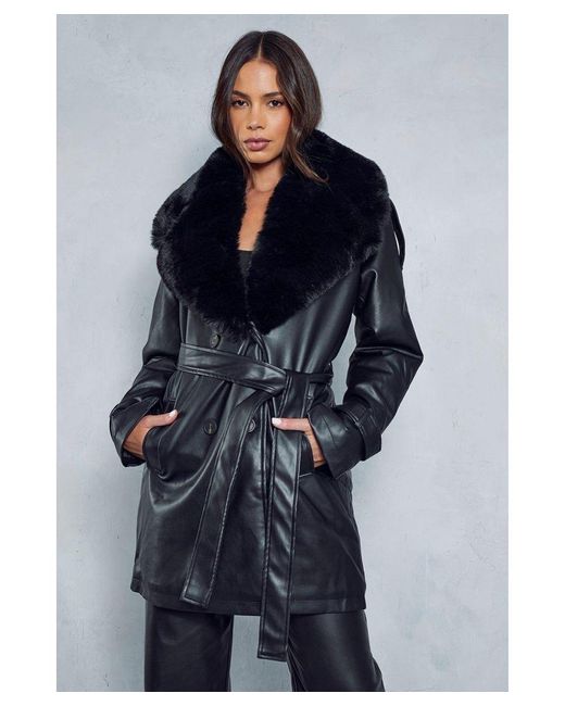 MissPap Blue Leather Look Fur Collar Detail Trench Coat