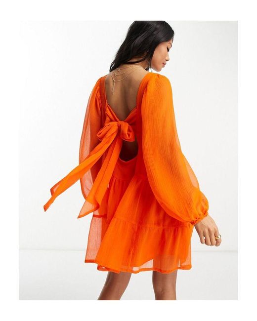 ASOS Orange Crosshatch Square Neck Mini Smock Dress With Trim Detail