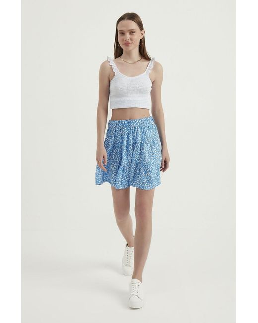 Hiccup Blue Floral High Waist Elastic Tiered Mini Skirt