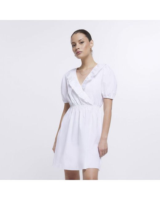 River Island White Wrap Mini Dress Frill Cotton