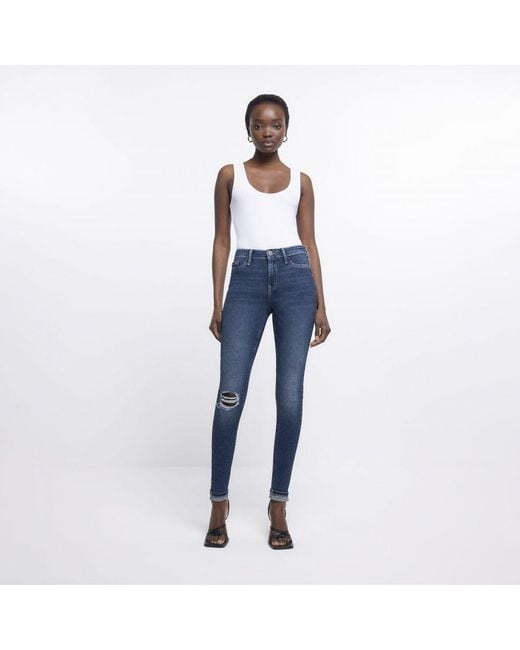 River Island Blue Jeans Molly Ripped Mid Rise Skinny Pants Denim