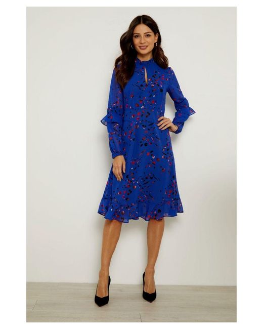 Sosandar Blue Abstract Floral Print Fit & Flare Ruffle Dress